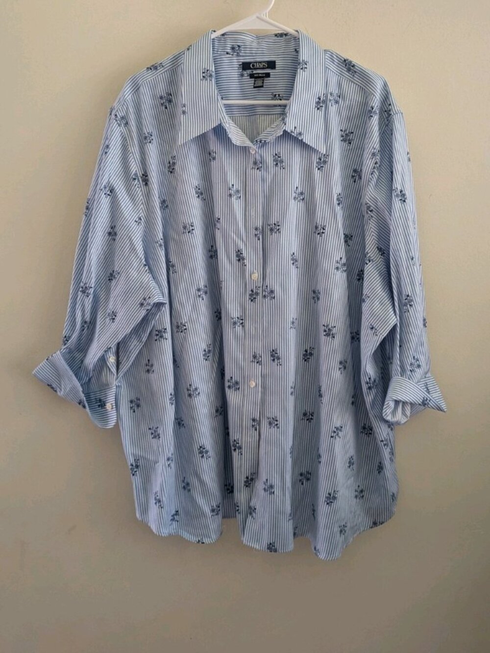 Chaps No Iron Floral Button Down Shirt Womens 3XL Blue Stripe Cotton  Blouse
